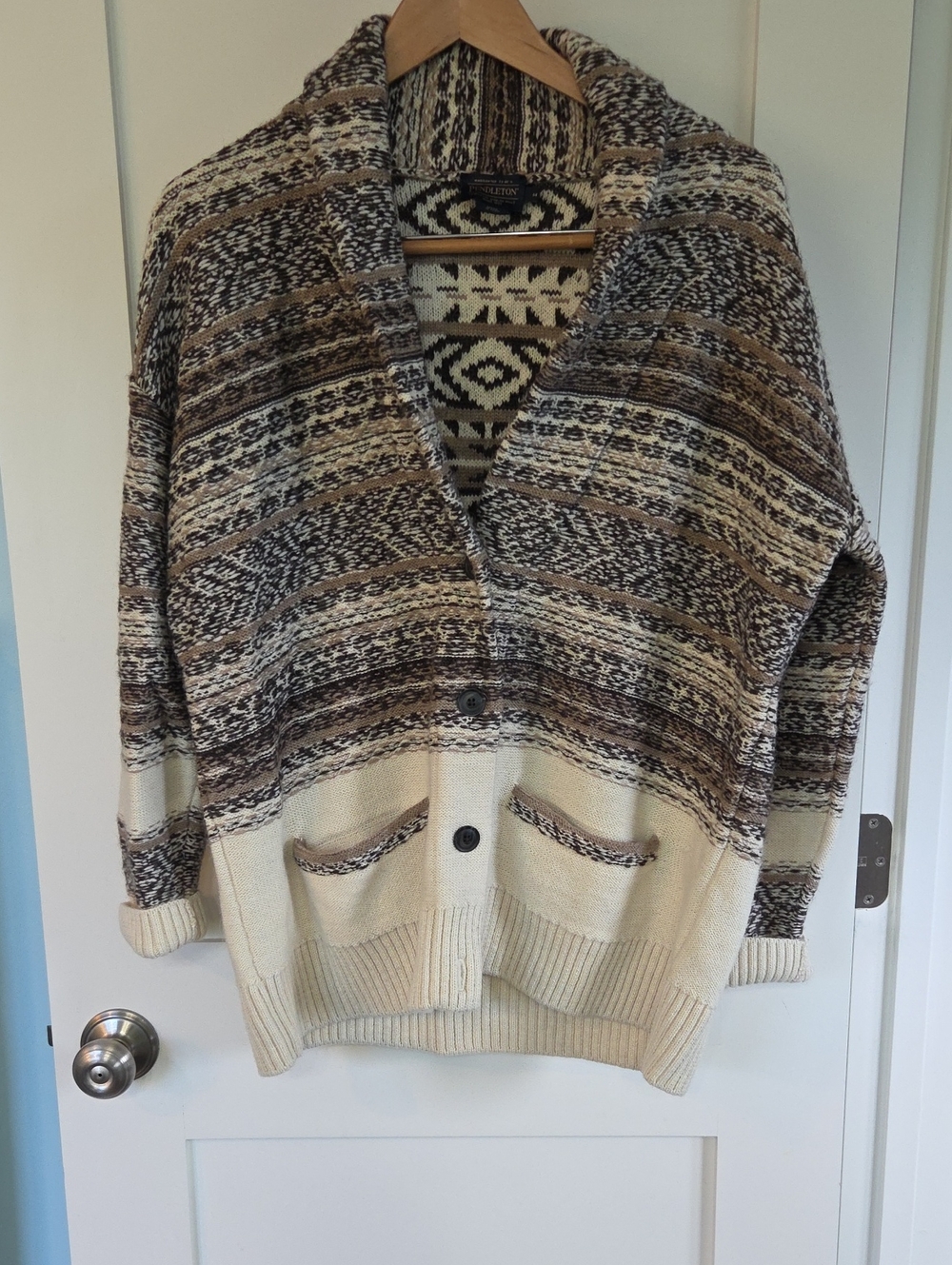 Pendleton Brown, Cream & Tan Patterned Shawl Collar Cardigan